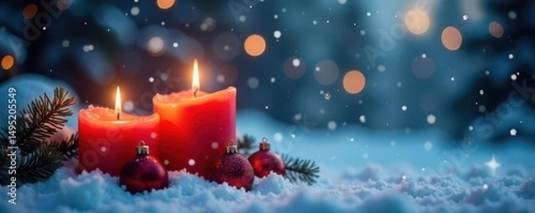 Obraz Snow covered scene with three lit advent candles, festive feel , candles, xmas, candlelight
