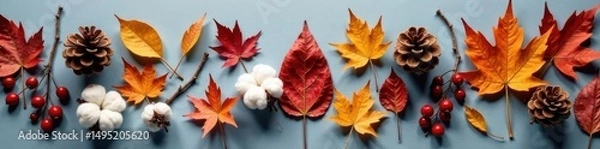 Obraz Dried leaves, cotton, berries, pine cones arranged on gray Winter, autumn, fall still life , top view, texture, fall concept