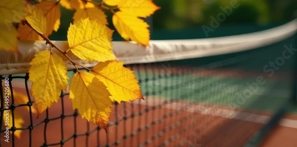 Obraz Crisp yellow leaves on weathered tennis net, out-of-focus clay court backdrop , net background, autumn, nature