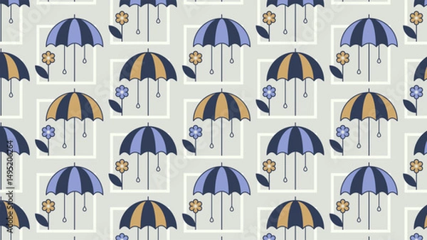 Fototapeta Umbrellas and flowers geometric seamless pattern.