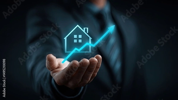 Fototapeta Professional man presenting a home icon with a growth arrow in a business setting during a modern financial analysis Generative AI