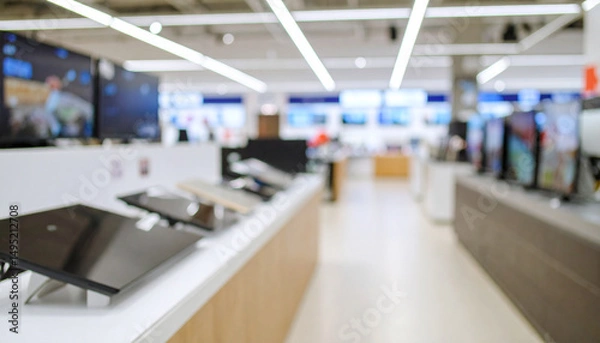 Fototapeta Blurred interior of an electronics store with shelves full of gadgets and a video games section. Modern shopping environment.

