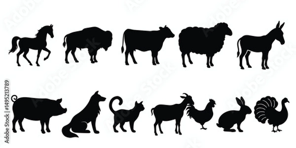 Fototapeta Silhouettes of various farm animals in two rows. Farm animals silhouette isolated on white background.