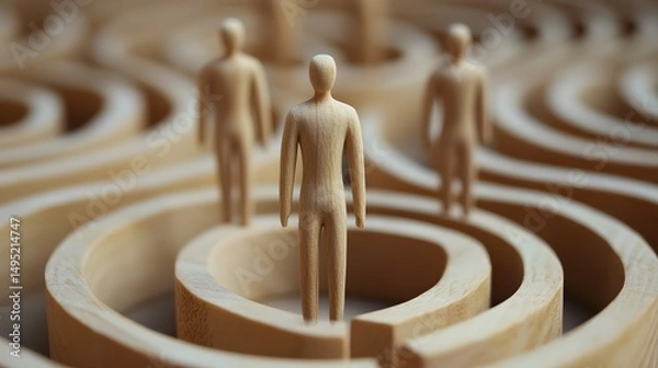 Fototapeta Wooden mannequin figures walking in a circular maze, a metaphor for life's repetitive journey.