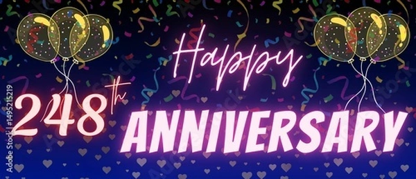Fototapeta 248th anniversary neon calligraphy text and number. Confetti and balloon isolated on elegant blue gradient background, sparkle, design for greeting card, print. Two hundred forty eight anniversary