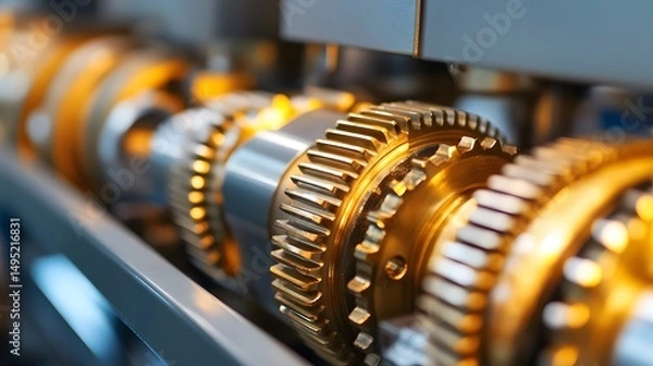 Fototapeta Intricate mechanical gears inside an open engine casing