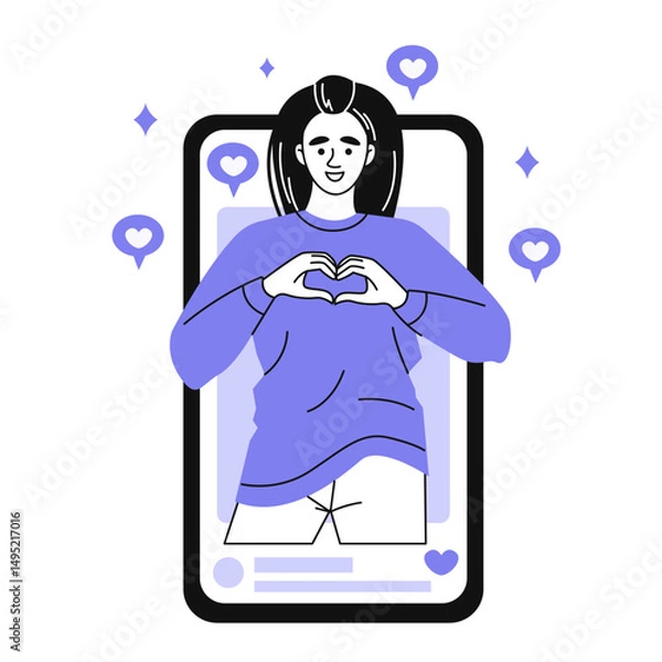 Fototapeta A pretty young girl depicts a heart with her hands from a phone screen. Online communication on social networks, blogging. Doodle-style vector illustration