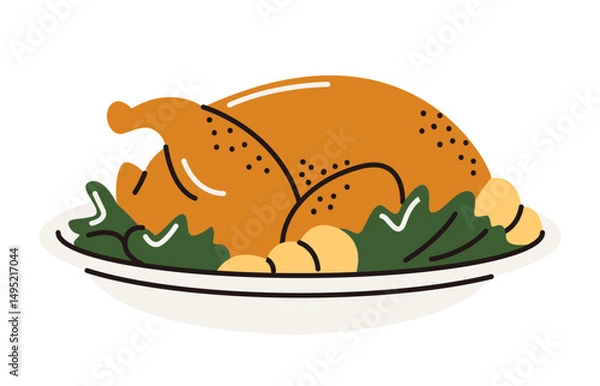 Fototapeta Baked turkey with whole potatoes and herbs on a plate. Fried chicken. A festive bird dish. Vector illustration in the flat style