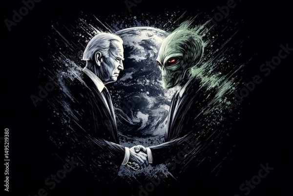 Fototapeta In a colorful and lively comic-style illustration, a businessman and an extraterrestrial are seen negotiating a deal, with a large planet looming behind them