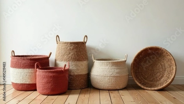 Fototapeta Woven rug storage baskets, various sizes and styles, sitting on a wooden floor , living room storage, round basket, bedroom storage