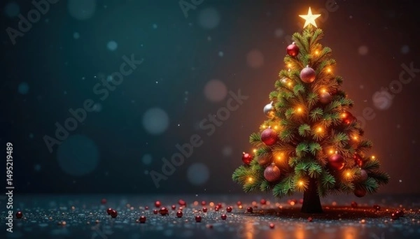 Fototapeta A beautifully decorated Christmas tree stands tall, adorned with ornaments and twinkling lights , celebratory, happy, rustic