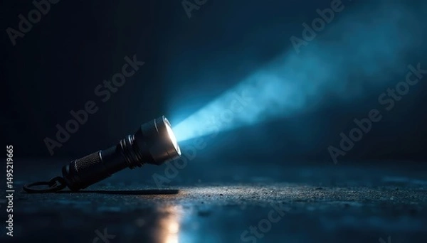 Fototapeta A bright beam of light from a handheld torch flashlight cuts through the darkness , ray, intense light