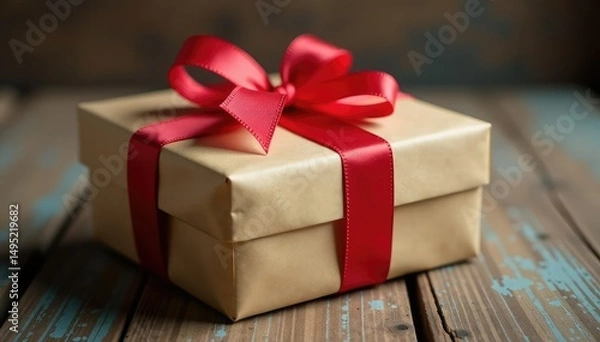 Fototapeta A beautifully wrapped birthday present with a ribbon sits on a rustic wooden table , gift wrap, special