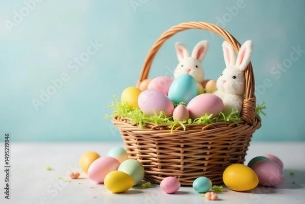 Fototapeta A charming Easter basket overflowing with colorful eggs, pastel treats, and fluffy bunny decorations , Easter decorations, chocolate, willow