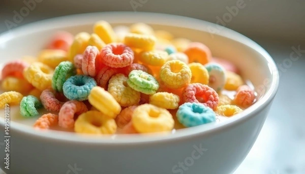 Fototapeta A close-up of a cereal bowl filled with colorful cereal and milk , morning meal, colorful food, sweet