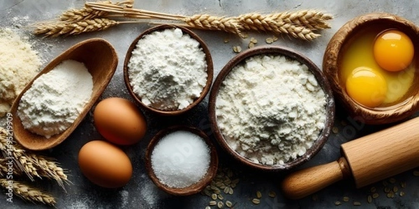 Fototapeta Top-down: baking ingredients like flour, eggs, yolk, wheat, rolling pin, spoons on white marble. Bright natural light. Rustic food photography.