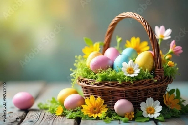 Fototapeta A colorful Easter egg basket overflowing with decorated eggs and spring flowers , Easter, willow branches, bright
