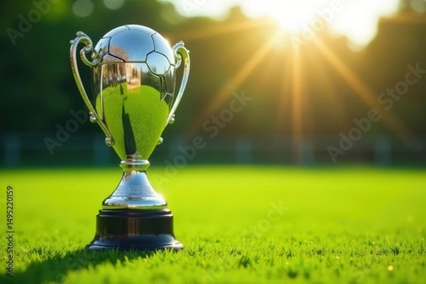 Fototapeta A gleaming soccer trophy sits on a lush green field, sunlight reflecting off its surface , shiny, field