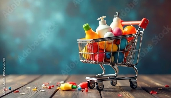 Fototapeta A full online shopping cart overflowing with diverse products, ready for checkout , digital shopping, digital commerce, e-business