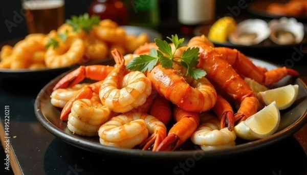 Fototapeta A lavish seafood buffet spread with various dishes, including crab legs, shrimp, and oysters , hot seafood, fish