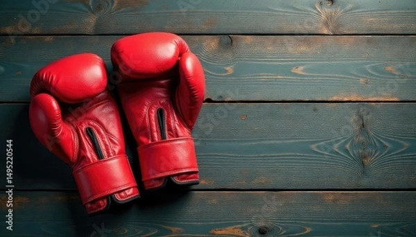 Fototapeta A pair of well-worn boxing gloves resting on a weathered wooden surface , fight, boxing gear, workout