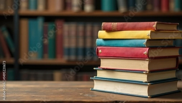 Fototapeta A stack of library books, various sizes and colors, on a wooden table , old books, pile