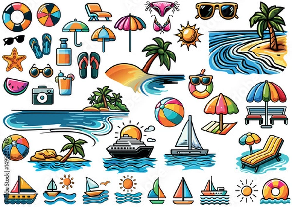 Fototapeta Set of Colorful Summer Holiday Icons as Design Elements for Your Projects - Quality Illustrations, Vector