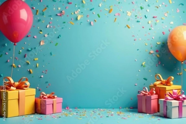 Fototapeta A vibrant birthday party scene with colorful balloons, streamers, and gifts , background, happy birthday