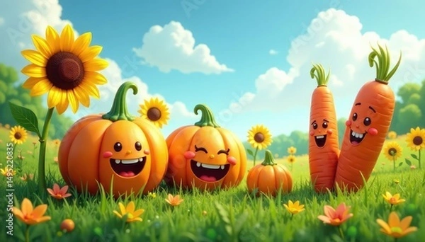 Fototapeta A whimsical field of oversized, brightly colored vegetables Smiling sunflowers, laughing pumpkins, giggling carrots , comedy, surreal