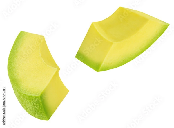 Obraz Avocado slice isolated on white. Organic Avocado piece falling. Avocado chunk flying in the air. Macro real photo.  Package design element .