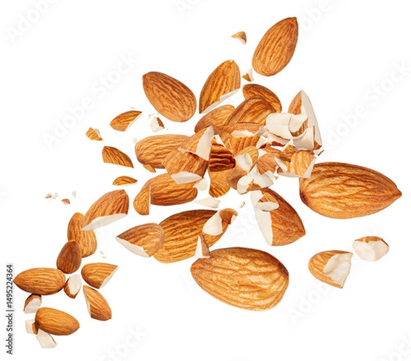 Obraz Almond nuts  levitating in air isolated on white.  Falling crushed almonds nuts. Cracked Almonds is torn to pieces explosion