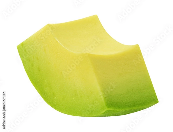 Obraz Avocado slice isolated on white. Organic Avocado piece falling. Avocado chunk flying in the air. Macro real photo.  Package design element .