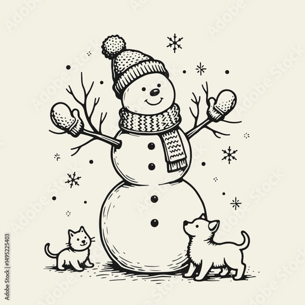 Fototapeta Black and white vector illustration of a cheerful snowman with a cat and dog, drawn in vintage linocut style with bold lines and high contrast, perfect for holiday designs and prints.