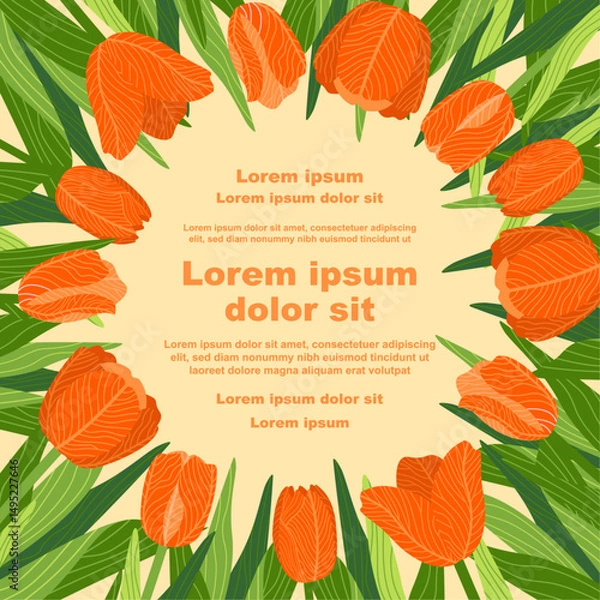 Obraz Illustration of a floral background featuring various tulips flowers, with a text placeholder. Ideal for banners, covers, greeting cards, invitations, posters, and other design templates. Hand-drawn