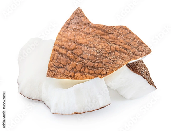 Obraz Coconut pieces isolated on white. Tropical coconut fruit slices close up. Coco nut Package design elements.