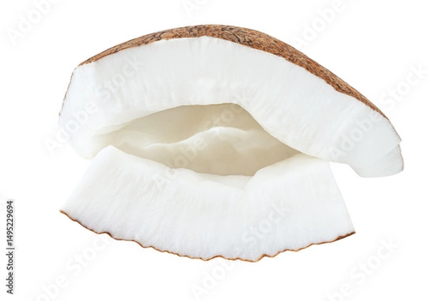Obraz Flying Coconut pieces isolated on white. Falling Tropical coconut fruit slices. Coco nut Package design elements. Top view. Flat lay..