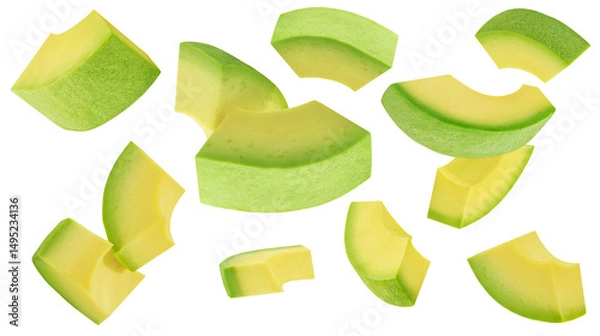 Obraz Avocado pieces  isolated on white. Avocado Explocion. Flying Avocado fruit slices.  Top view. Flat lay. Creative layout