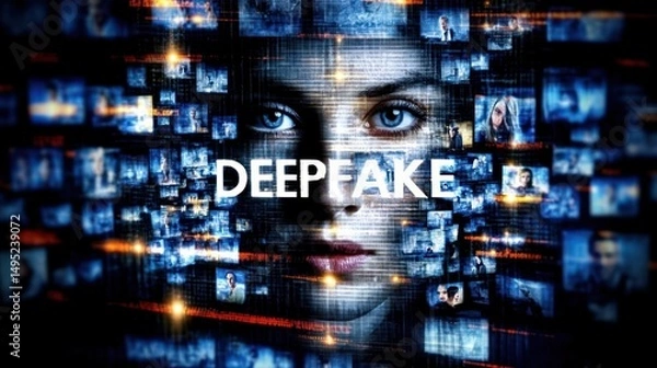 Fototapeta Face made of computer screens with word DEEPFAKE in bold surrounded by digital features, showing deepfake detectors, deepware scanner, sensity ai alert