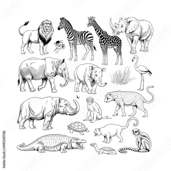Fototapeta Wild Animal Sketch Set – Hand Drawn Safari and Jungle Wildlife Vector Illustration