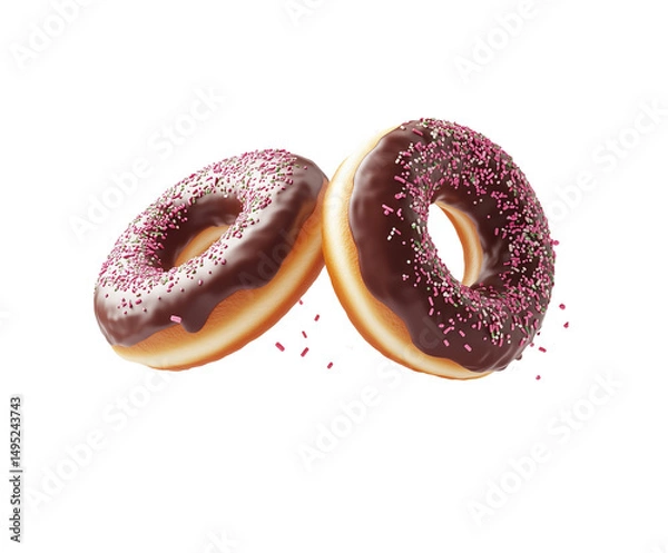 Fototapeta Two chocolate donuts with chocolate chips floating, cut out white background