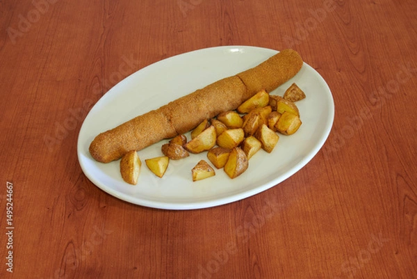 Fototapeta A plate of food with a long piece of food on it and some potatoes. The plate is on a wooden table