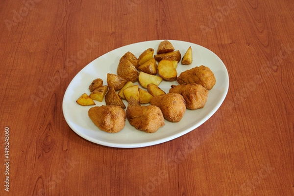 Fototapeta A plate of fried chicken and potatoes. The chicken is cut into small pieces and the potatoes are cut into cubes