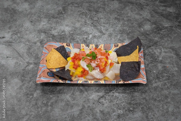 Fototapeta A plate of food with a tortilla chip on top. The food is a mix of vegetables and meat