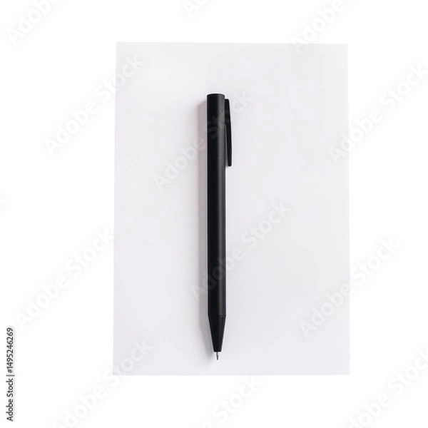 Fototapeta Black pen resting on a blank sheet of paper, ideal for writing notes, sketches, or creative ideas in a minimalistic setting. on transparent background