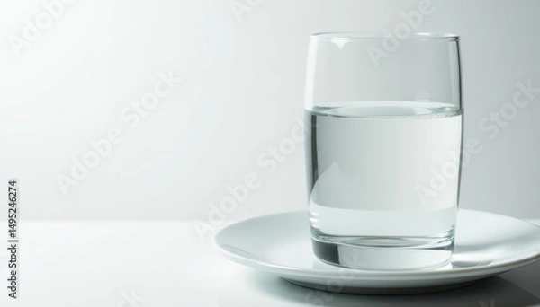Fototapeta Close-up of empty plate and glass of water on white , plate, unblemished