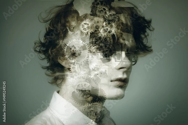 Fototapeta The man's head, covered in gears, embodies the notion of neurodiversity and mental issues