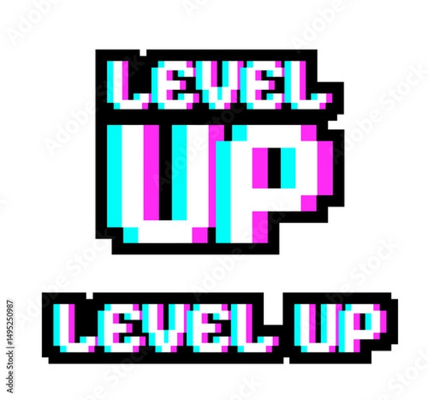 Obraz Level up text vector illustration. Getting a new level. Level up. Earned a level up. Glitch effect style text