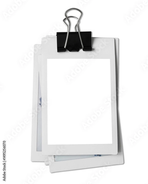 Fototapeta Vintage Polaroid, instant photo frame isolated in transparent PNG, polaroid frame - isolated design element, polaroids with black binder clip