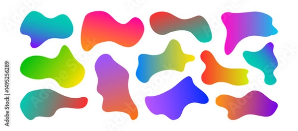 Fototapeta Shape organic color gradient, liquid blob form pattern, neon figure, irregular round bubble rainbow gradation bg, fluid spot texture set isolated on white background. Wavy vector illustration