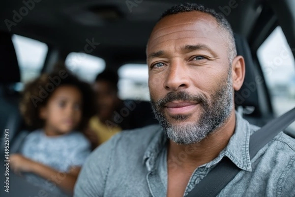 Fototapeta A happy man sits in the driver's seat, smiling, with two kids playing in the backseat, creating a joyful moment encapsulated in the everyday family car ride.